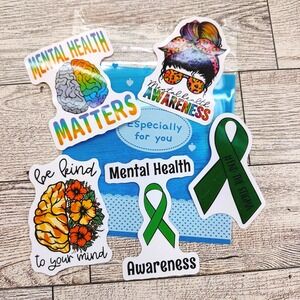 Mental Health Awareness Stickers -‎ Brain Images Green Ribbon - 5pc Set 2.5"
